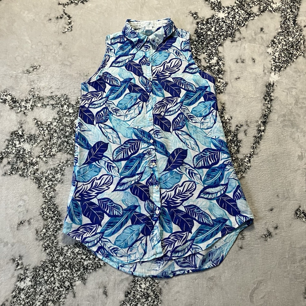 Sigrid Olsen Top Womens Size S Sleeveless Blue Tropical Leaf print linen tunic